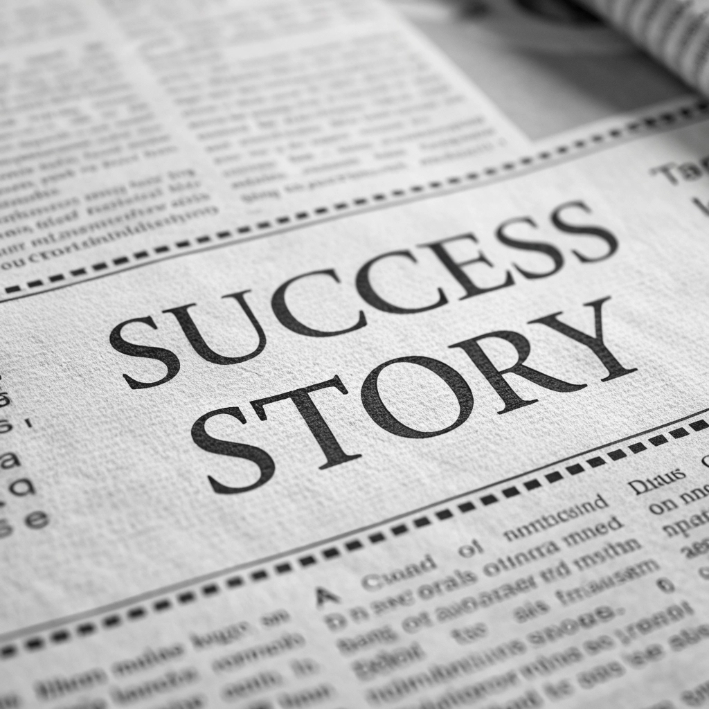 A close-up, macro shot of a high-quality printed newspaper headline featuring a success story, photorealistic, sharp typography.